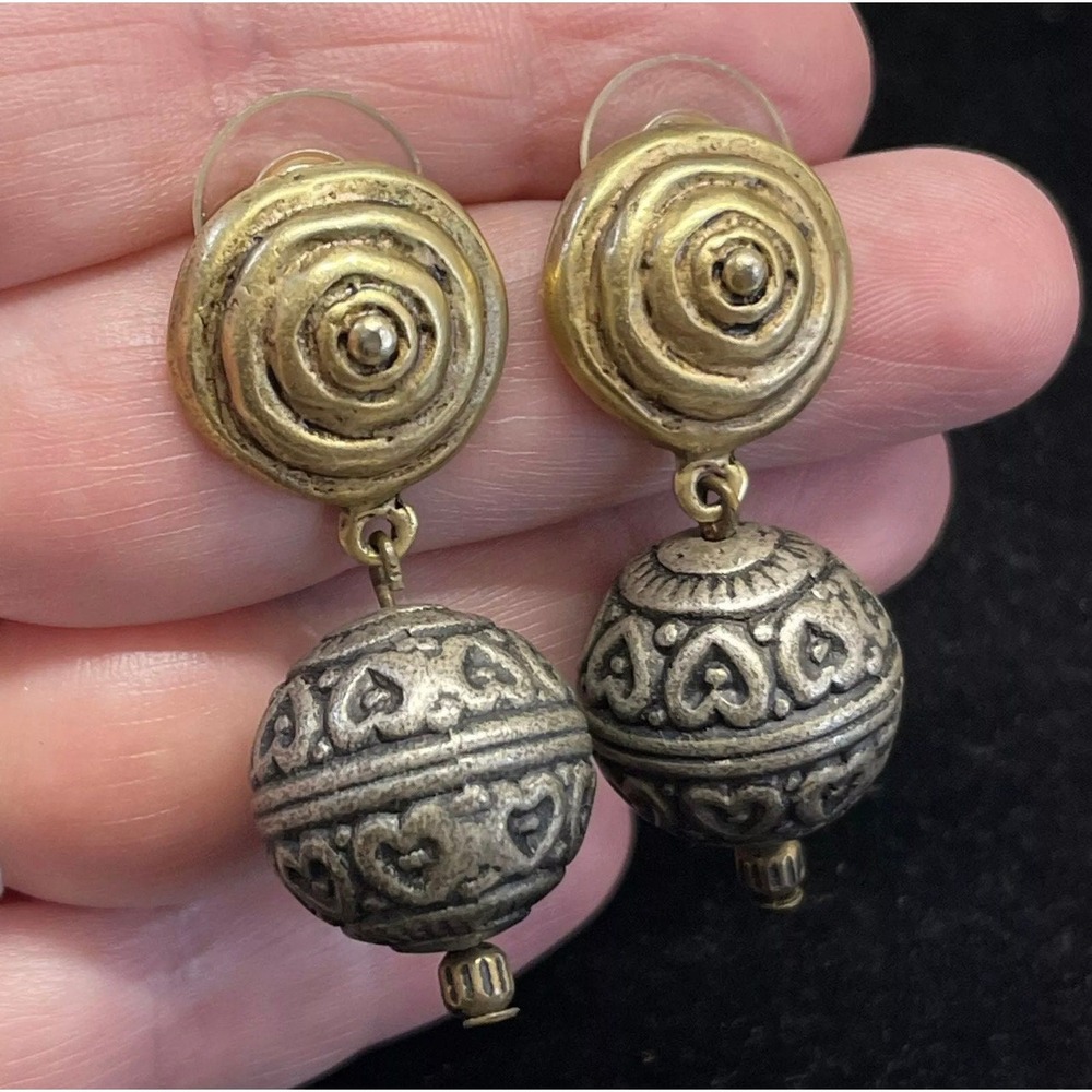 Vintage Gold Tone Swirl Silver Tone Heart Round Sphere Drop Pierced Earrings